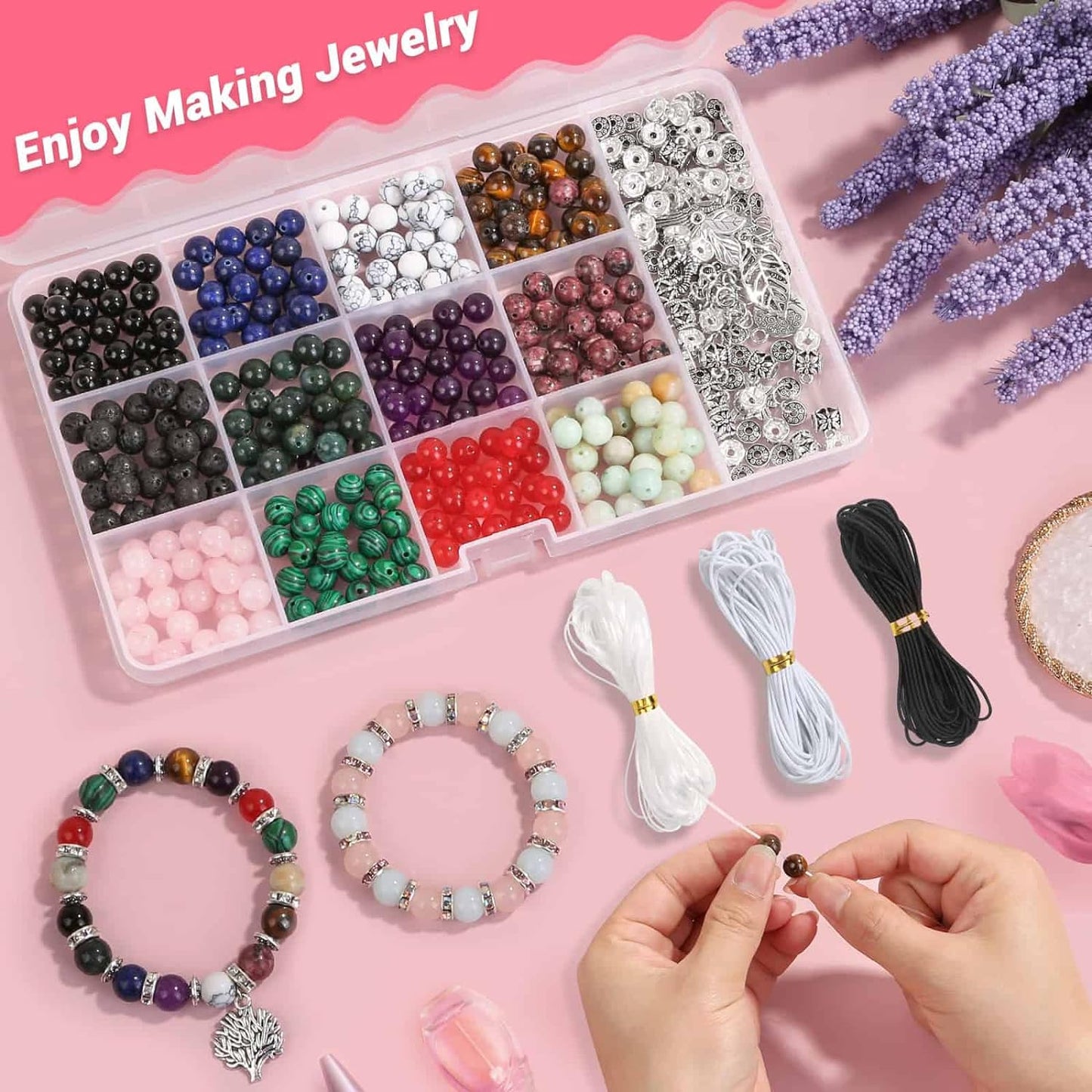 Love Creative DIY Stone Jewelry Making Kit Crystal Stone Bracelet Making Kit for Adults, Crystal Natural Stone Healing Beads for Jewelry Making, Bracelet Making