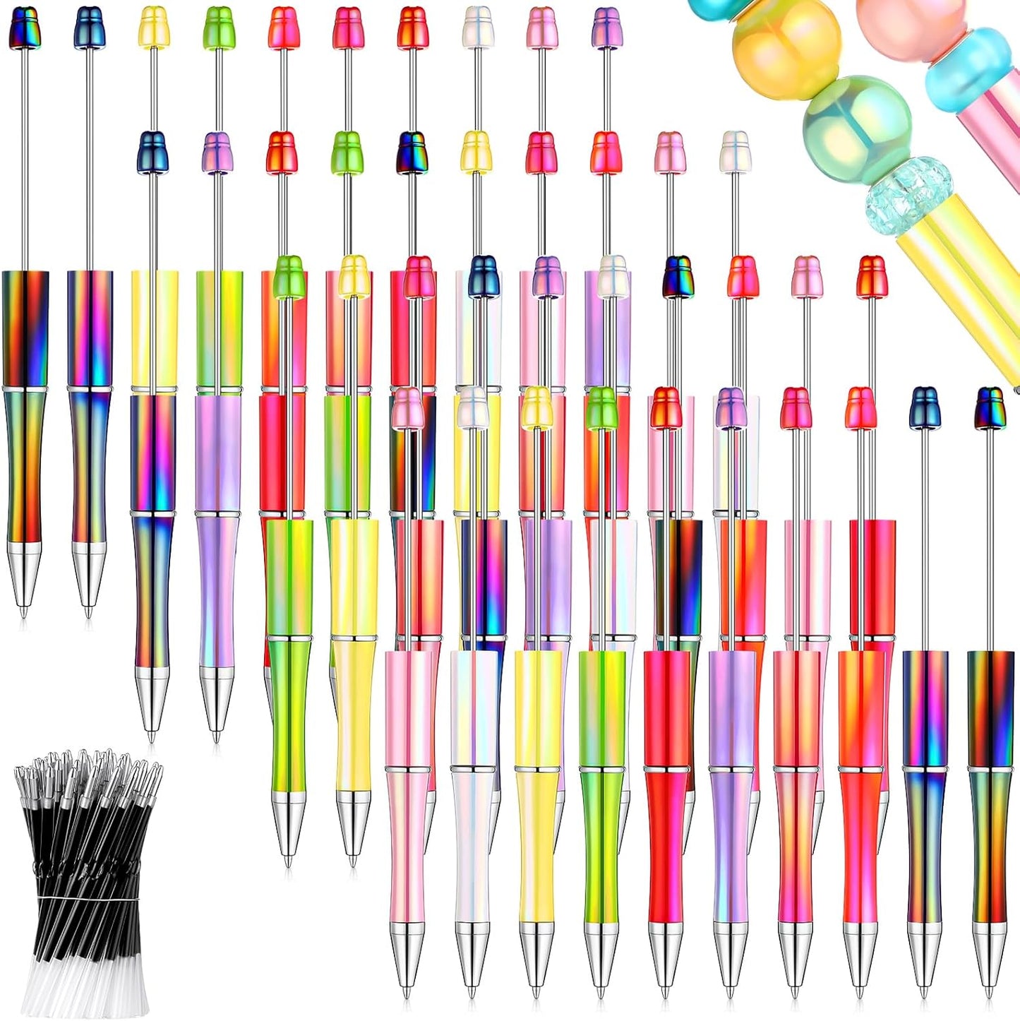 Love Creative DIY 10 Pieces Plastic Beadable Pen Bulk Bead Ballpoint Shaft Black Ink Beaded Pens with 50 Refills for DIY Making Gift Kids Students Office School Supplies(Bright Color)