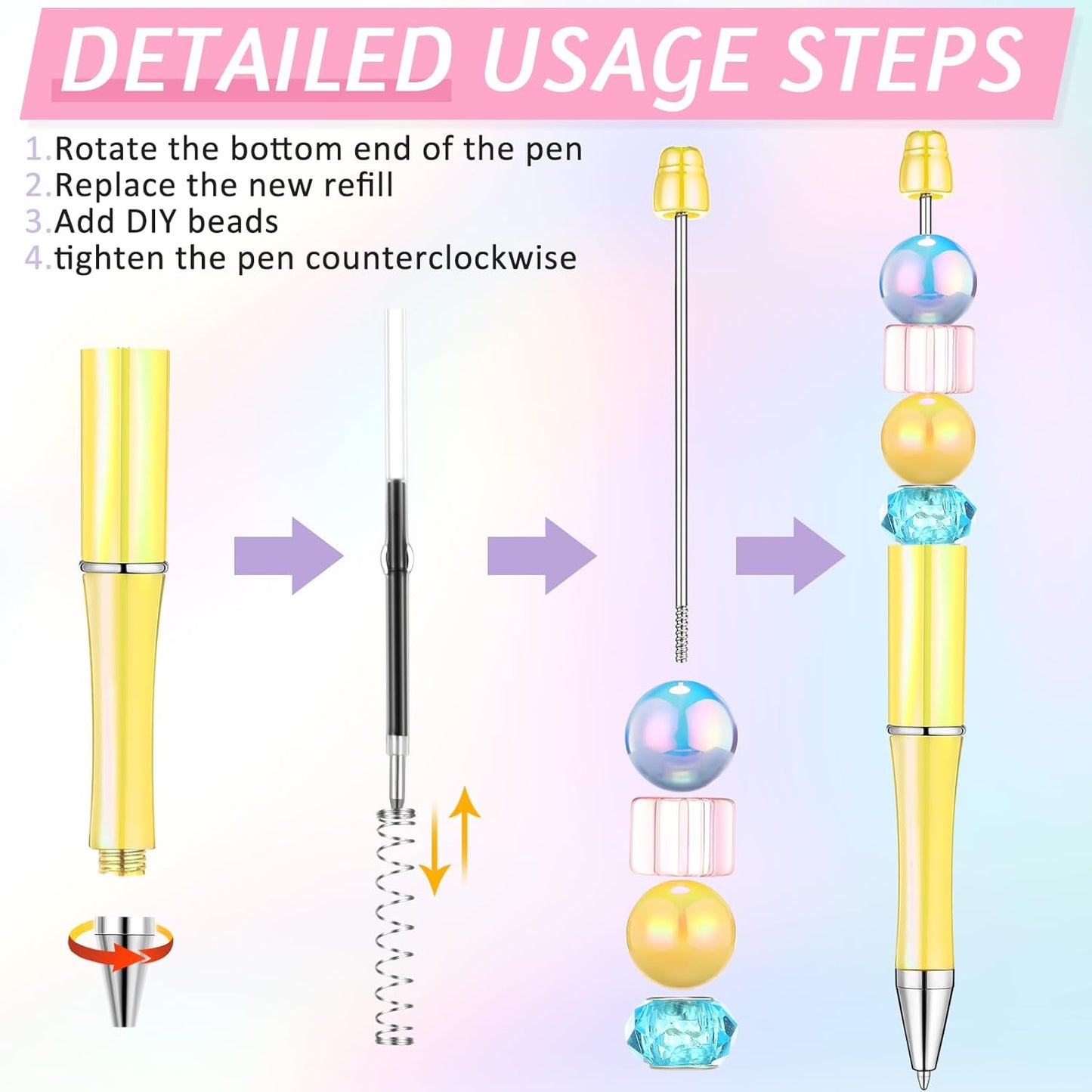Love Creative DIY 10 Pieces Plastic Beadable Pen Bulk Bead Ballpoint Shaft Black Ink Beaded Pens with 50 Refills for DIY Making Gift Kids Students Office School Supplies(Bright Color)