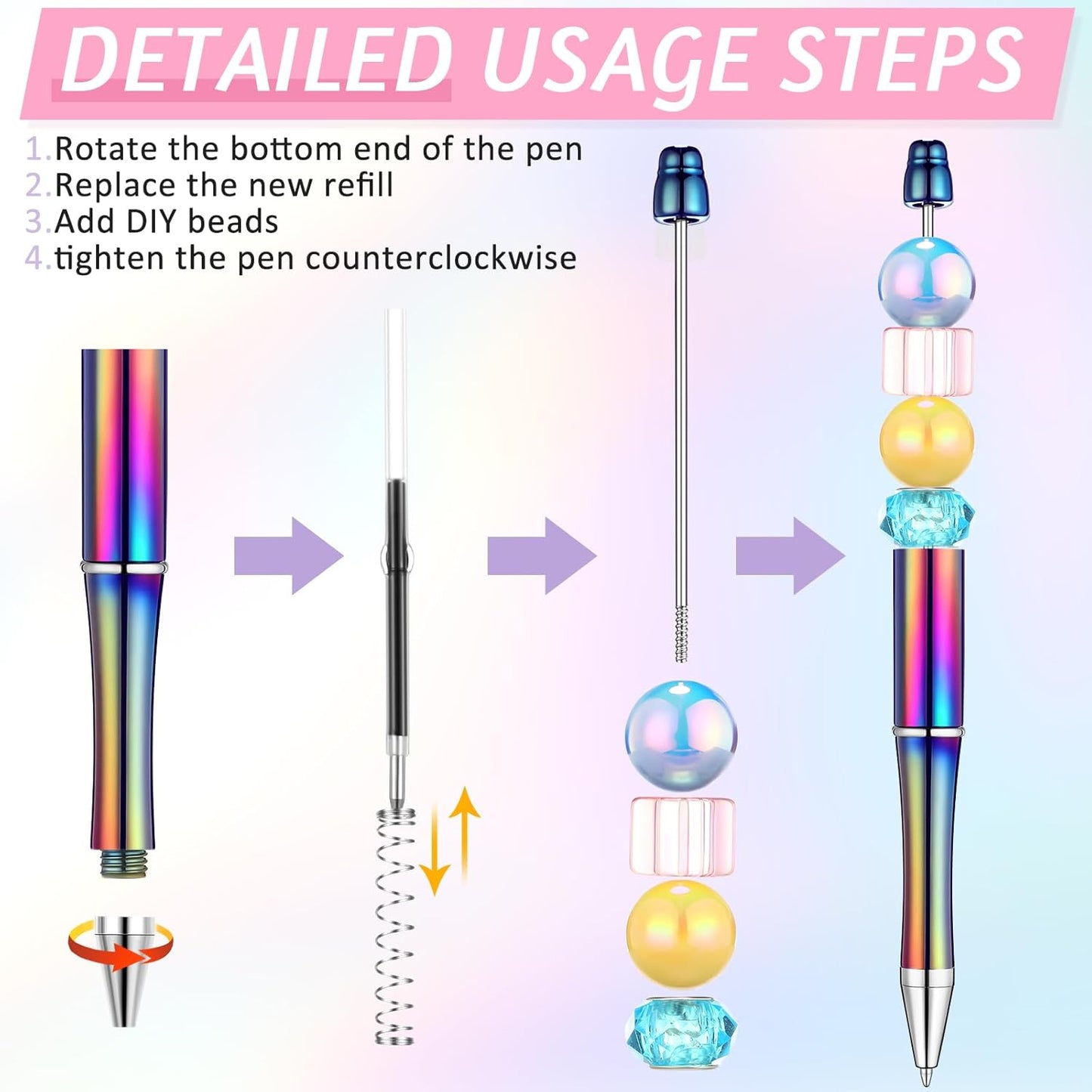 Love Creative DIY 10 Pieces Plastic Beadable Pen Bulk Bead Ballpoint Shaft Black Ink Beaded Pens with 50 Refills for DIY Making Gift Kids Students Office School Supplies(Bright Color)