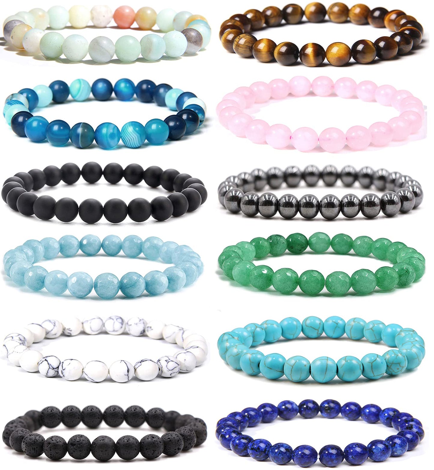 Love Creative DIY 10PCS Natural Stone Bead Bracelets for Men & Women,Semi-Precious Crystal Design,Adjustable Elastic Cord,Unisex Handmade Jewelry