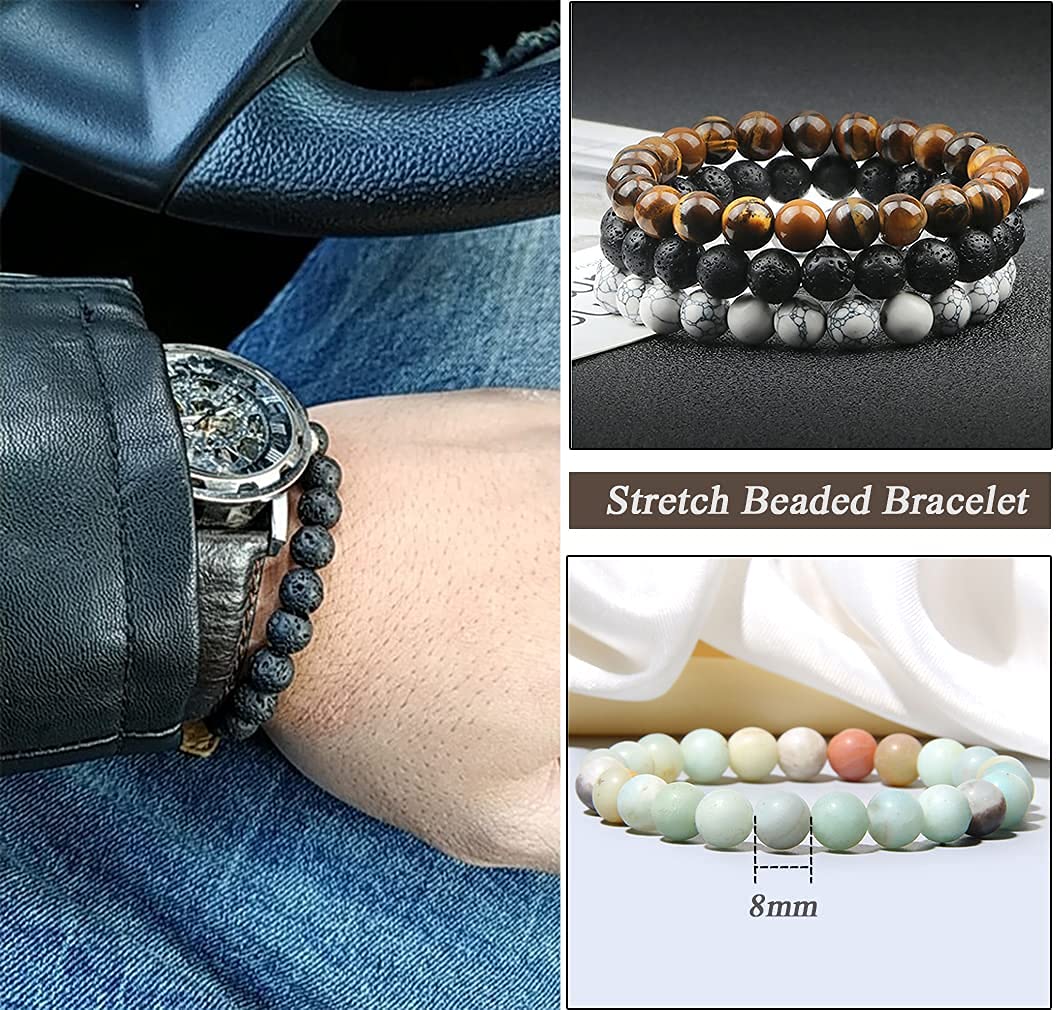 Love Creative DIY 10PCS Natural Stone Bead Bracelets for Men & Women,Semi-Precious Crystal Design,Adjustable Elastic Cord,Unisex Handmade Jewelry