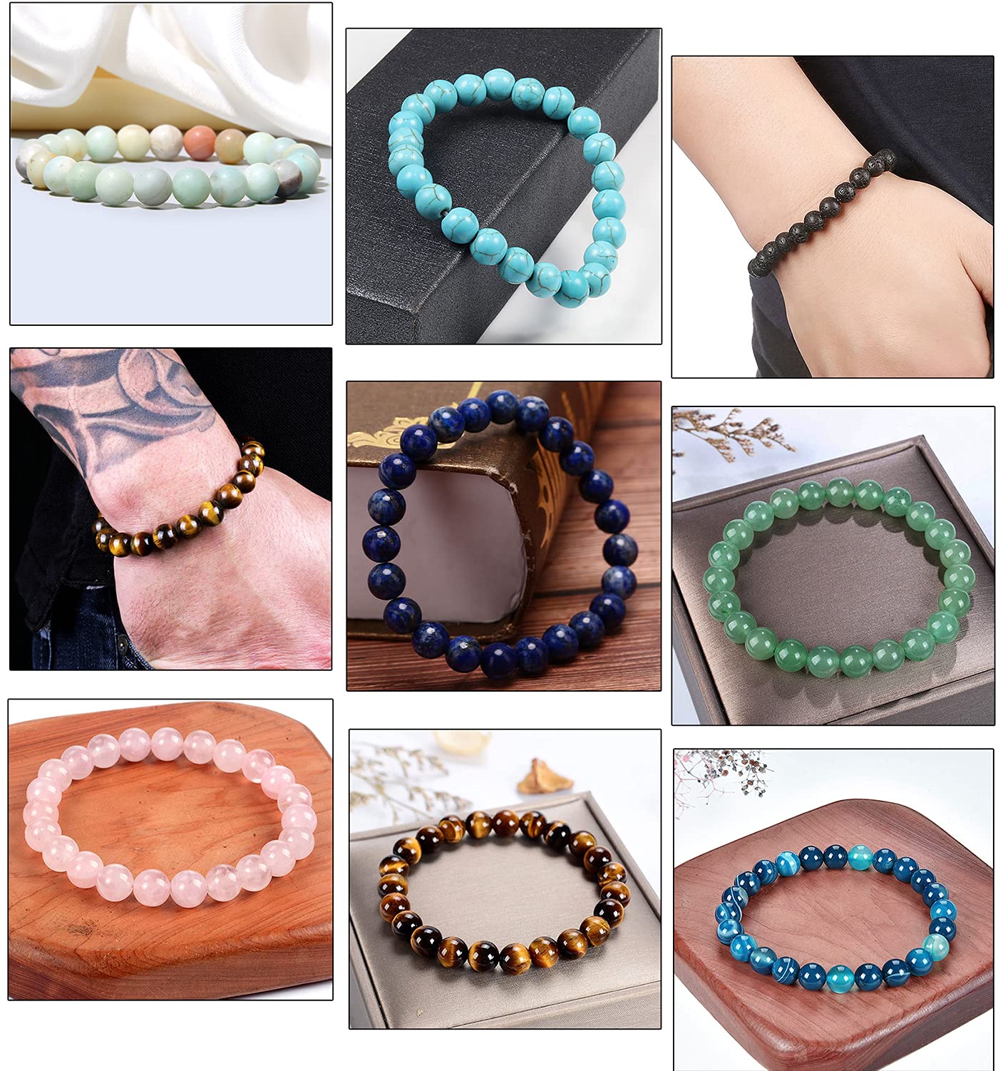 Love Creative DIY 10PCS Natural Stone Bead Bracelets for Men & Women,Semi-Precious Crystal Design,Adjustable Elastic Cord,Unisex Handmade Jewelry