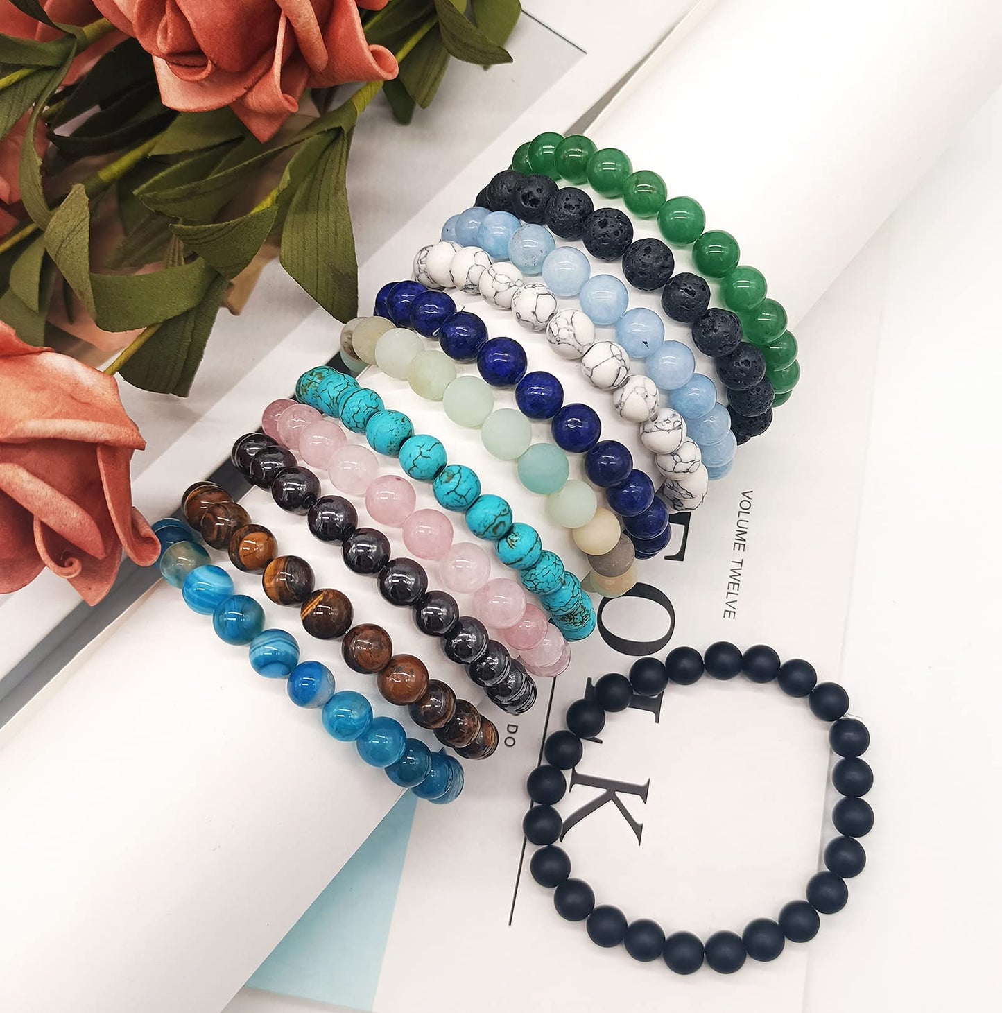 Love Creative DIY 10PCS Natural Stone Bead Bracelets for Men & Women,Semi-Precious Crystal Design,Adjustable Elastic Cord,Unisex Handmade Jewelry